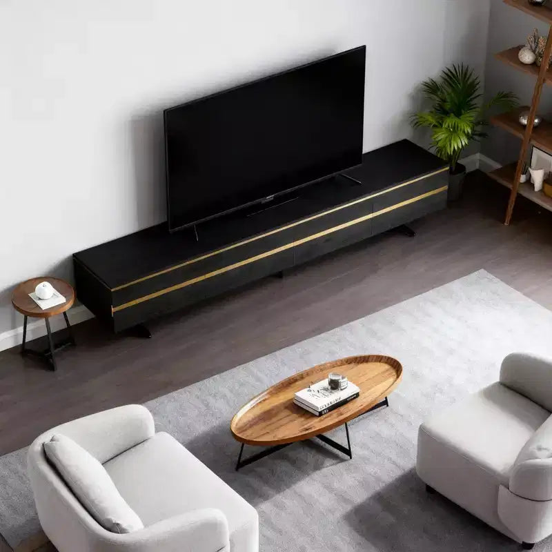 Meuble TV et console média noir Luck Live Farmhouse 86.61 avec tiroirs de rangement dissimulés, armoires fermées, pieds en métal et gestion des câbles