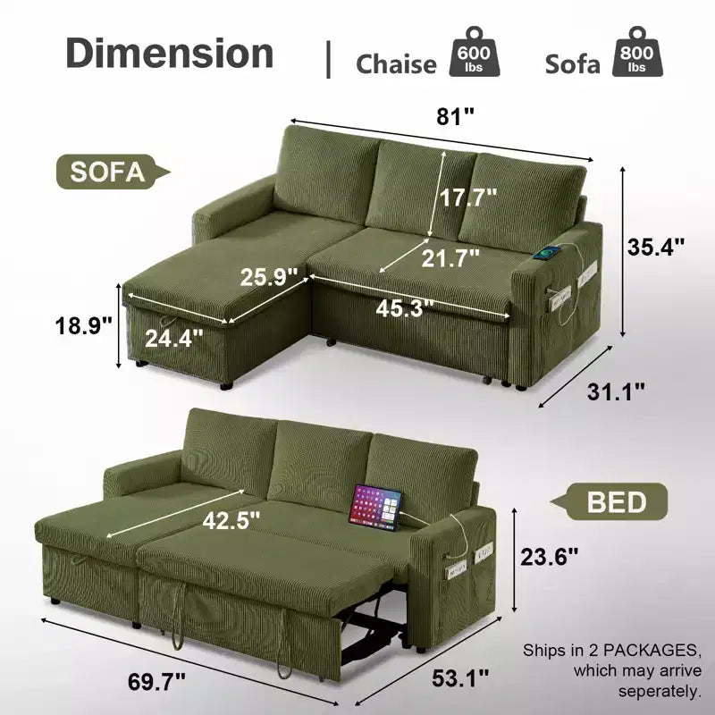 Canapé convertible Dyonery - Canapé-lit gigogne 2 en 1 avec chaise de rangement pour salon, canapé sectionnel en velours côtelé avec ports USB, assemblage sans outils