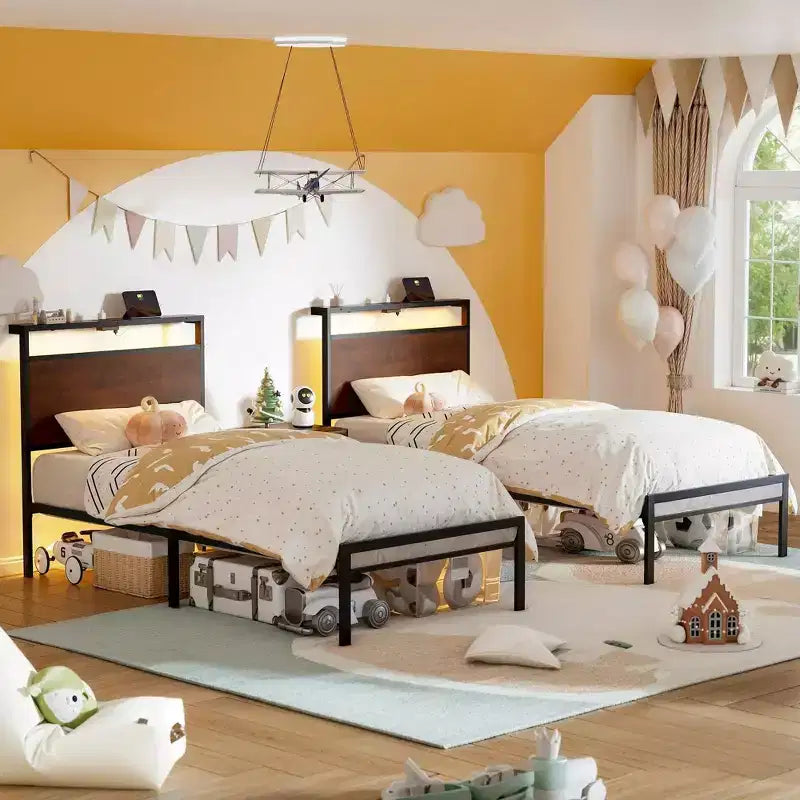 Cadre de lit double Hausource avec tête de lit LED, station de charge, aucun sommier tapissier requis