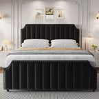 Cadre de lit en velours, tête et pied de lit matelassés à rayures verticales avec rivets, lit plateforme rembourré, lattes en bois robustes