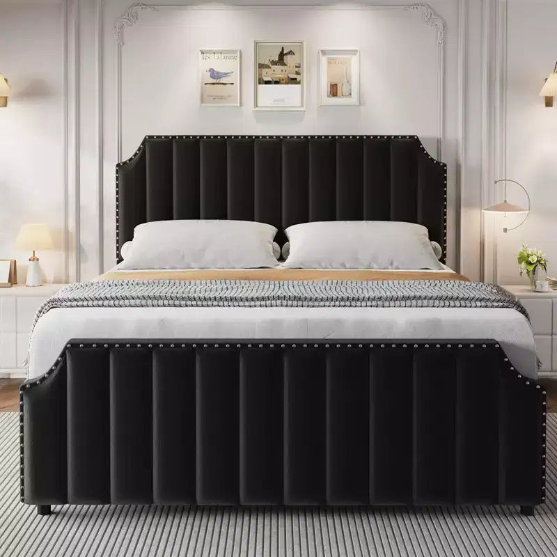 Cadre de lit en velours, tête et pied de lit matelassés à rayures verticales avec rivets, lit plateforme rembourré, lattes en bois robustes
