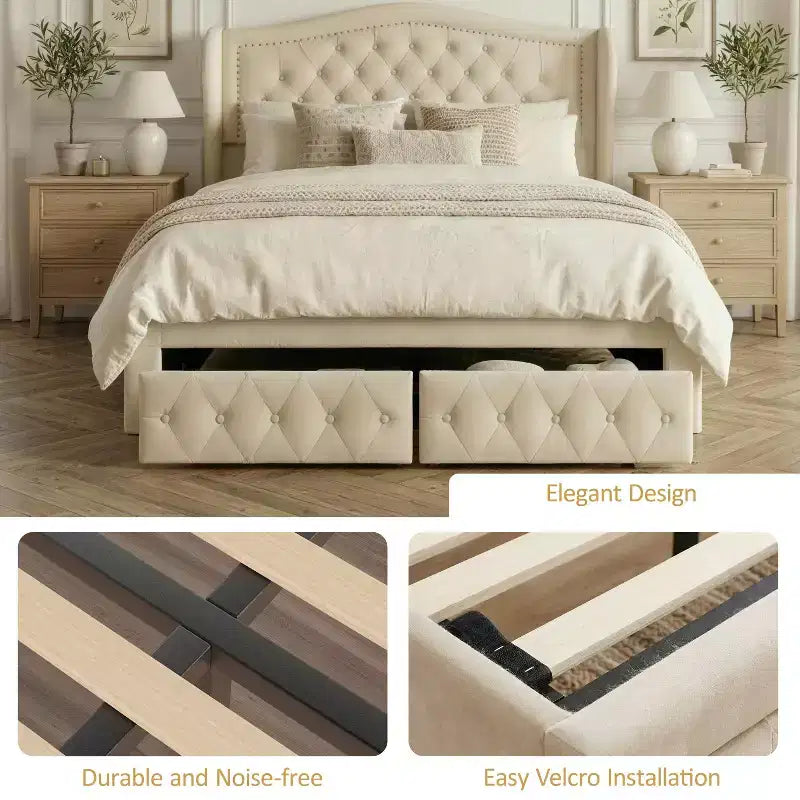 Cadre de lit plateforme Dyonery Queen Size, lit rembourré en velours avec tête de lit capitonnée à boutons profonds et ailes cloutées / Aucun sommier tapissier requis
