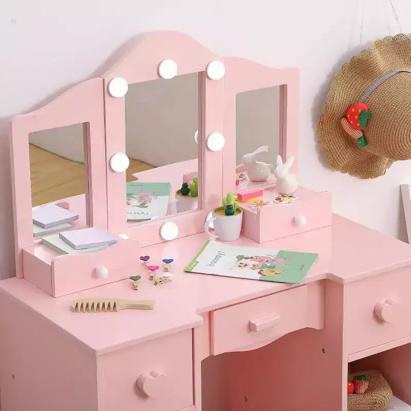 Table de toilette 2-en-1, ensemble table et chaise de coiffeuse pour enfants, coiffeuse en bois pour princesse, table de maquillage de jeu de rôle pour princesse