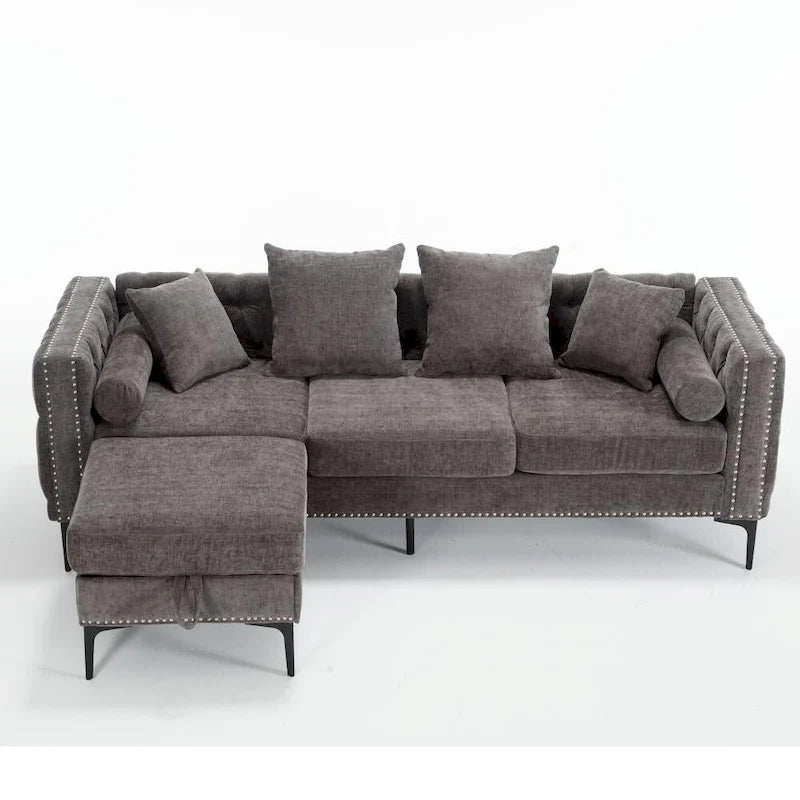 Canapé sectionnel convertible moderne en forme de L en chenille capitonnée