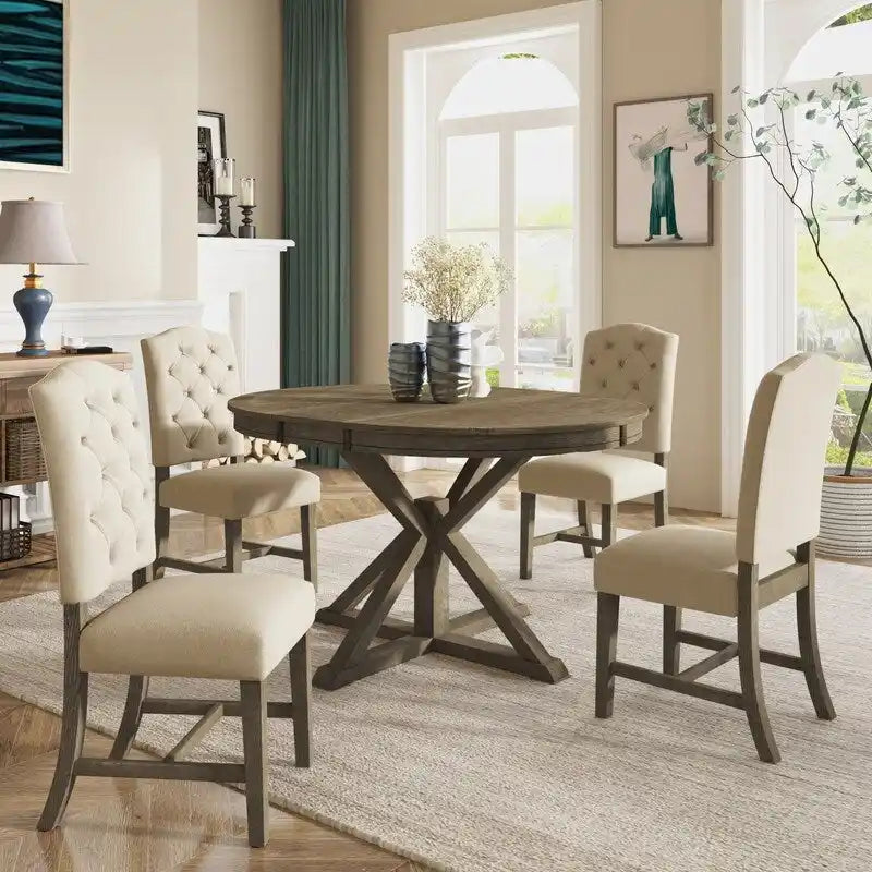 Ensemble de table à manger de style rétro et fonctionnel avec table extensible et 4 chaises rembourrées pour salle à manger et salon