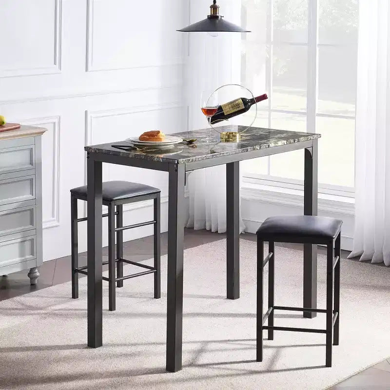 VECELO Ensemble de 3 pièces table et chaises de bar hauteur comptoir, Table de salle à manger rectangulaire pour 2 avec chaises en cuir PU et plateau en marbre