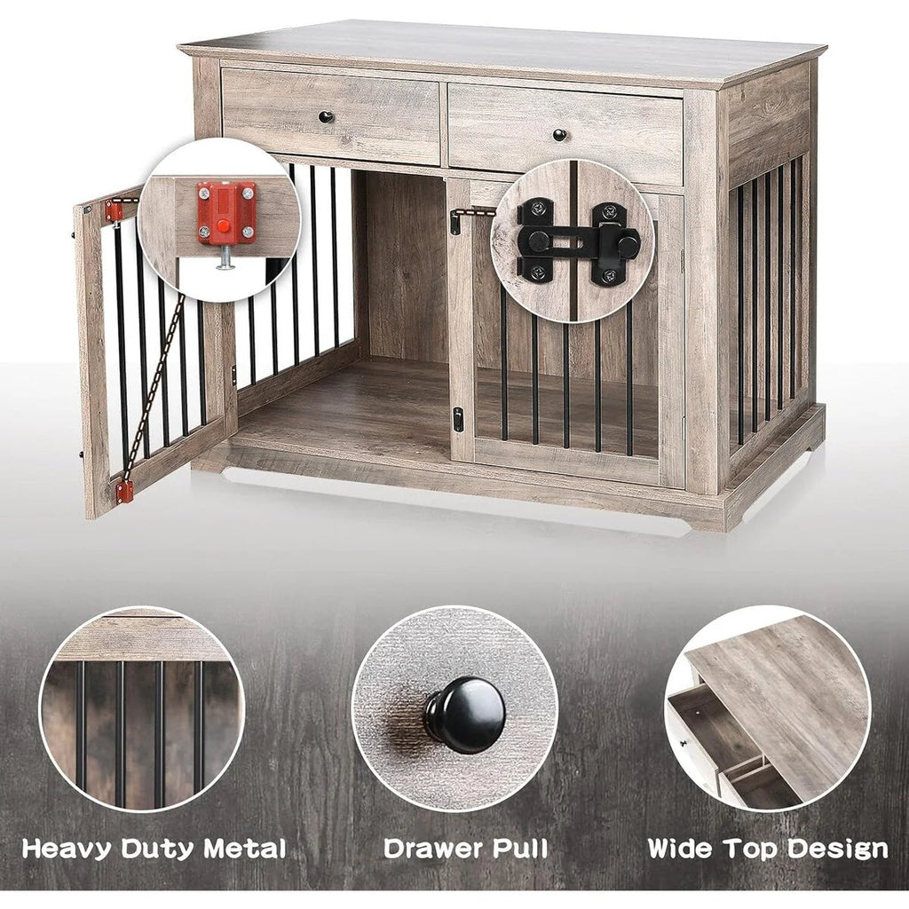 BOSSIN Cage pour Grand Chien de 112 cm, Meuble de Chenil en Bois avec Tiroirs de Rangement, Niche Décorative pour Animaux de Compagnie