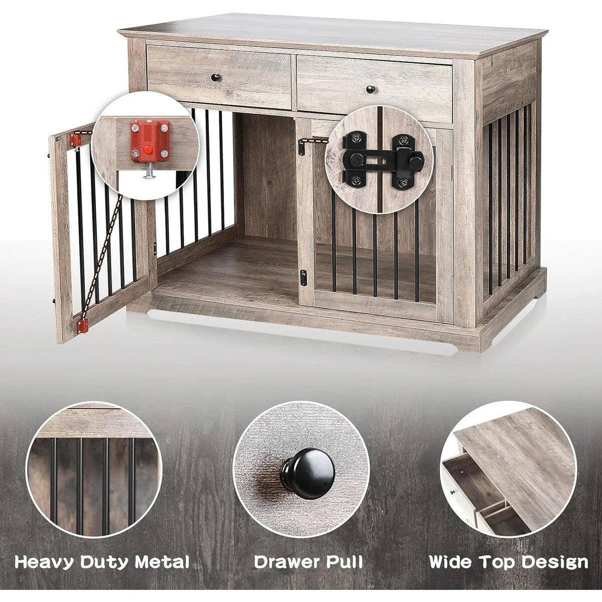 BOSSIN Cage pour Grand Chien de 112 cm, Meuble de Chenil en Bois avec Tiroirs de Rangement, Niche Décorative pour Animaux de Compagnie
