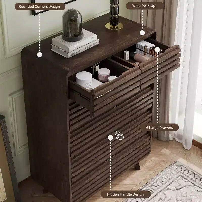 Commode haute SOLACE FURNITURE à 6 tiroirs, commodes avec grille et design incurvé