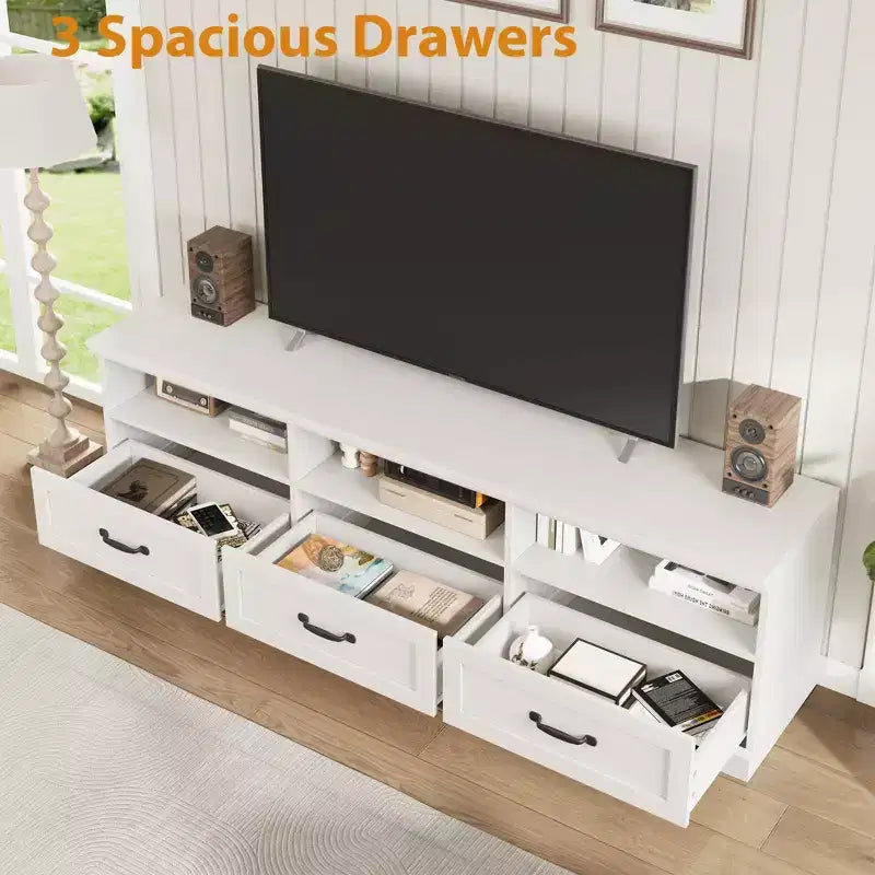 Meuble TV 70 pouces pour téléviseurs jusqu'à 80 pouces, meuble de divertissement moderne du milieu du siècle avec tiroir, meuble TV console média pour salon, chambre à coucher