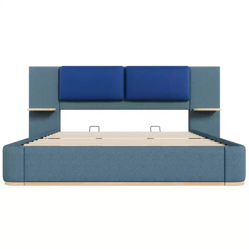 Cadre de lit plateforme capitonné Whisen King Size avec étagères de rangement latérales, tête de lit et panneau en PU doux, anti-collision, assemblage facile
