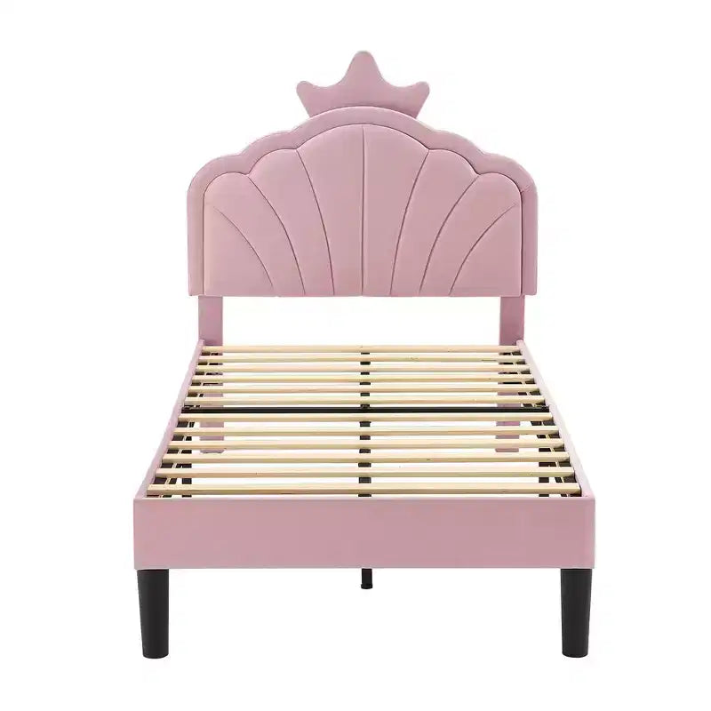 Cadre de lit enfant capitonné VECELO en forme de couronne, lit plateforme en bois avec tête de lit réglable, pas besoin de sommier tapissier