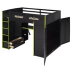 Lit mezzanine double Merax avec bureau, armoire, lumières LED RVB et port de chargement USB - Cadre noir élégant avec de multiples espaces de rangement pour les amateurs de jeux