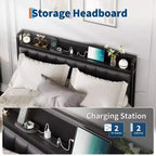 Cadre de lit double avec revêtement en similicuir PU, tête de lit capitonnée avec station de recharge, cadre de lit plate-forme double entièrement métallique avec rangement, noir