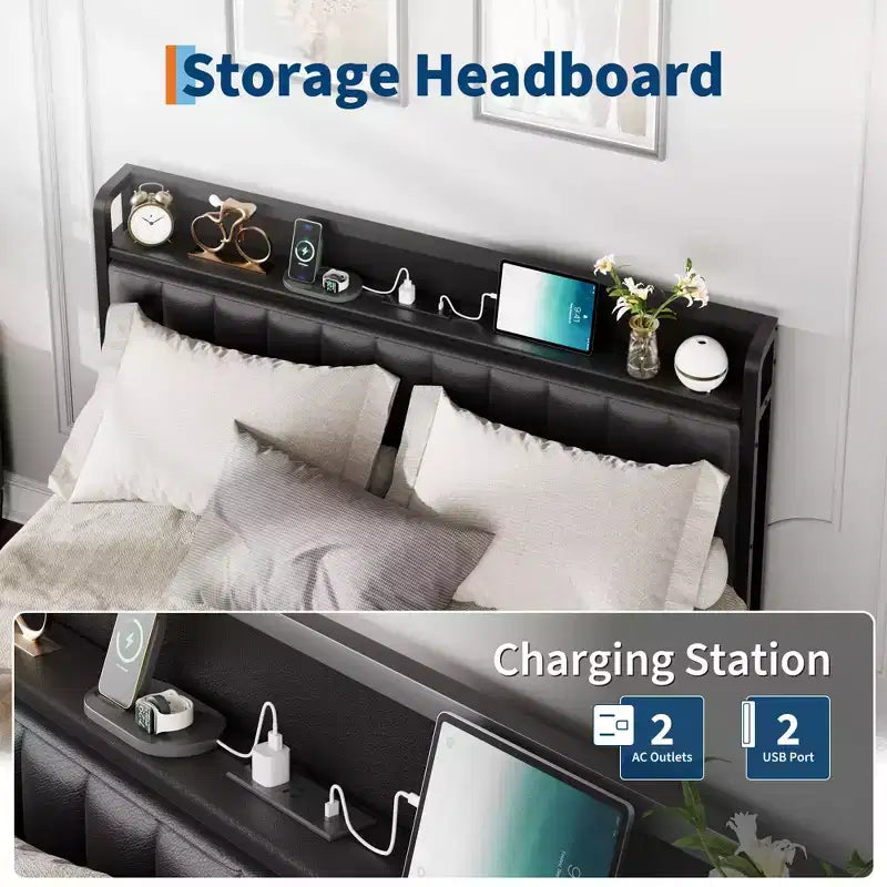 Cadre de lit double avec revêtement en similicuir PU, tête de lit capitonnée avec station de recharge, cadre de lit plate-forme double entièrement métallique avec rangement, noir
