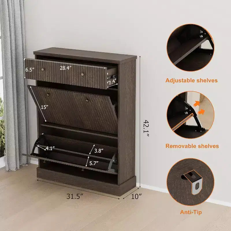 Armoire à chaussures étroite et cannelée 42, 2 tiroirs basculants et tiroir supérieur, profil incurvé, organisateur en bois pour entrée, couloir