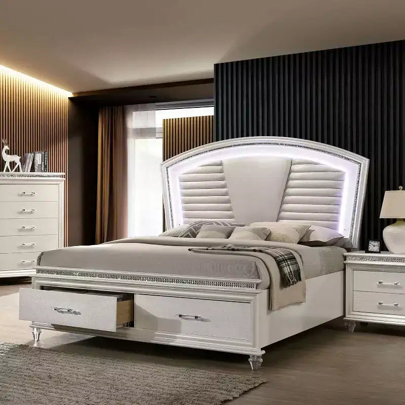 Ensemble de chambre en granit 3 pièces California King avec table de chevet et commode Blanc perle - HOMES: Inside + Out