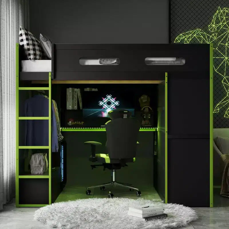 Lit mezzanine double Merax avec bureau, armoire, lumières LED RVB et port de chargement USB - Cadre noir élégant avec de multiples espaces de rangement pour les amateurs de jeux