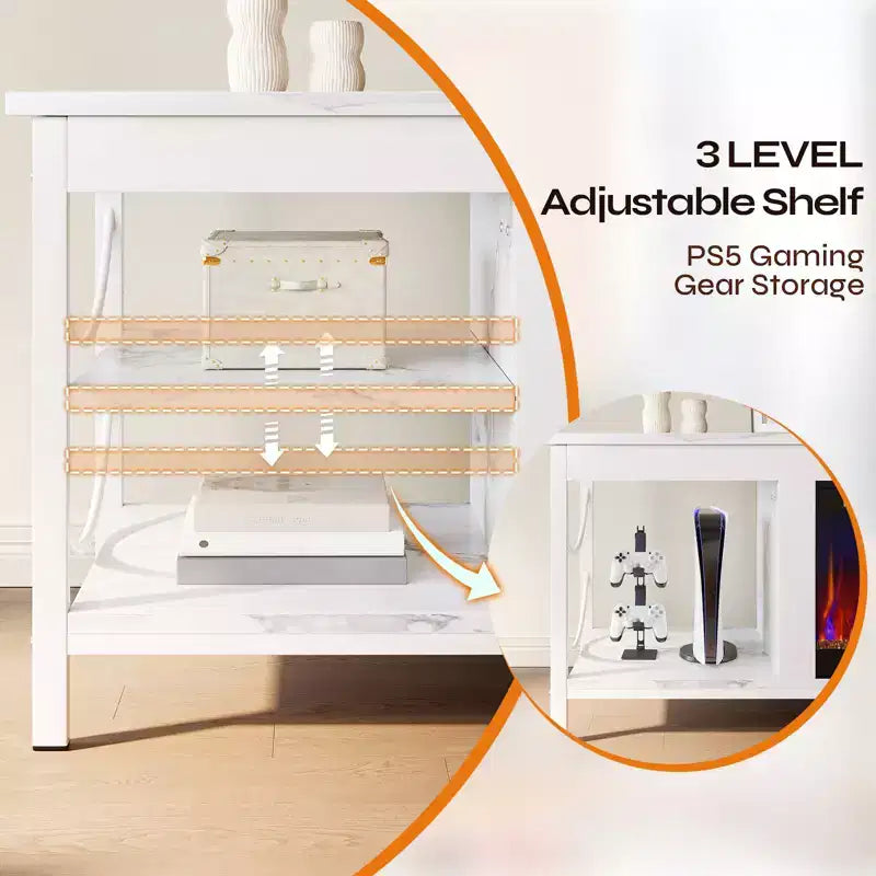 Meuble TV Pinmoco de 55 pouces avec cheminée électrique, centre de divertissement de jeu avec lumières LED et étagères, convient aux téléviseurs jusqu'à 65 pouces