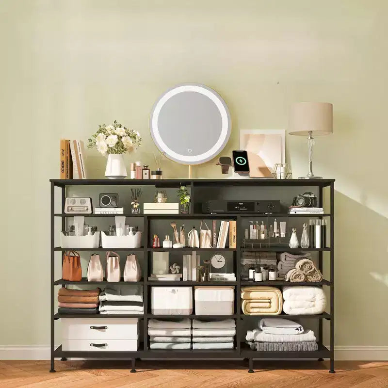 COZONY Meuble TV 55 avec commode en tissu 11 tiroirs et étagères ouvertes, organisateur de rangement pour chambre et salon