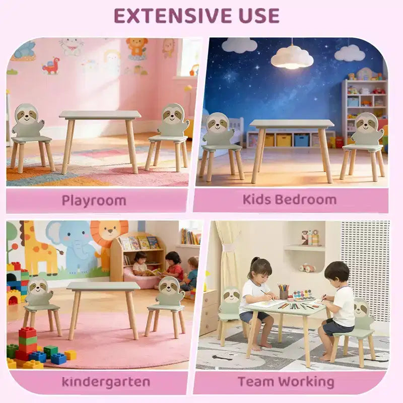 Table et chaises en bois Etokfoks Sloth pour enfants avec 2 chaises animaux Vert sauge pour salle de jeux, chambre, salle de classe