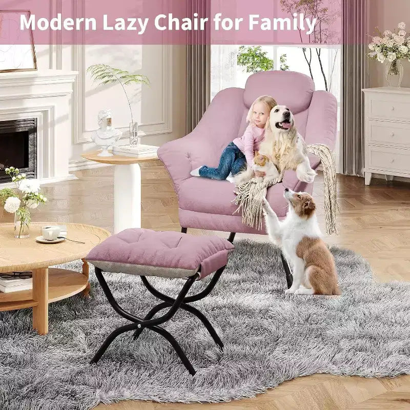 Fauteuil d'appoint confortable en velours Acekool pour adultes, fauteuil de lecture ergonomique avec accoudoirs rembourrés, repose-pieds pliable, poche latérale, rose, gris