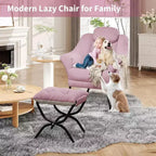 Fauteuil d'appoint confortable en velours Acekool pour adultes, fauteuil de lecture ergonomique avec accoudoirs rembourrés, repose-pieds pliable, poche latérale, rose, gris