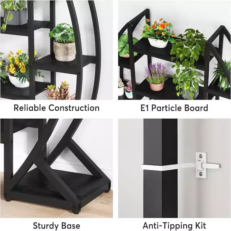 Lantine Étagère à plantes incurvée à 8 niveaux pour l'intérieur, étagère industrielle en métal de 175 cm de haut pour salon, balcon, terrasse, noire