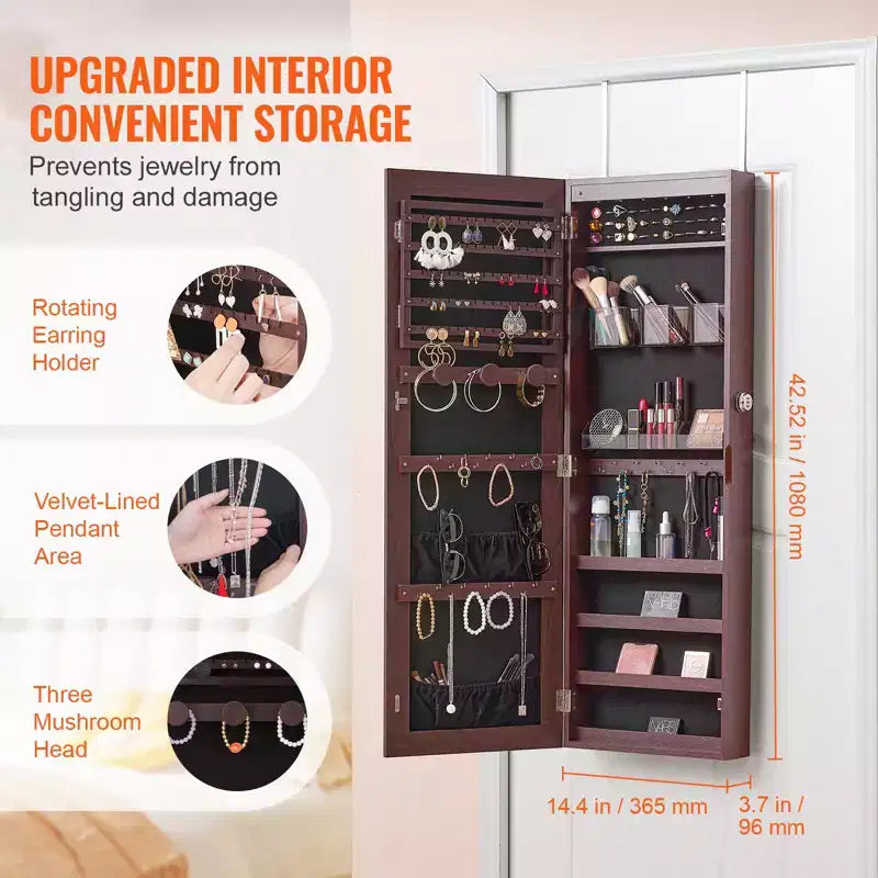 VEVOR Armoire à Bijoux avec Miroir, Armoire à Bijoux Verrouillable de 108 cm de Haut avec Miroir sur Pied, Miroir à Bijoux Mural ou à Suspendre à la Porte, Marron