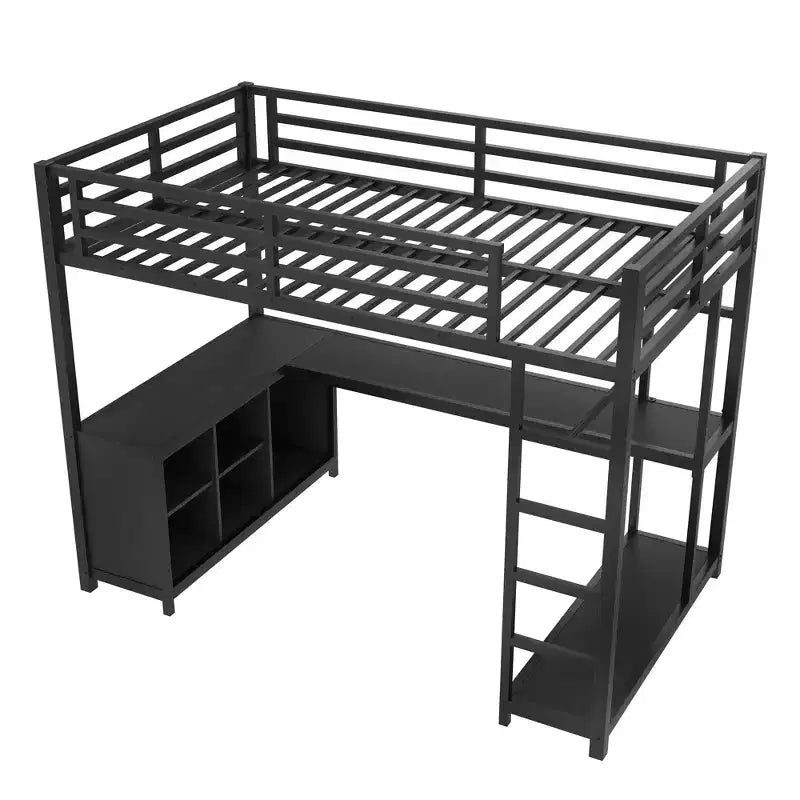 Lit mezzanine en métal Queen Bellemave avec bureau en L et armoire, lit mezzanine peu encombrant avec étagères de rangement et garde-corps, noir