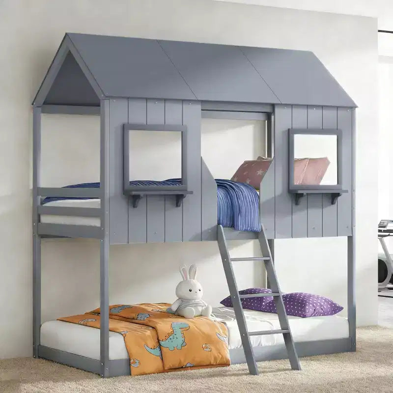 Lit superposé Luxystar de style cabane avec toit et fenêtre