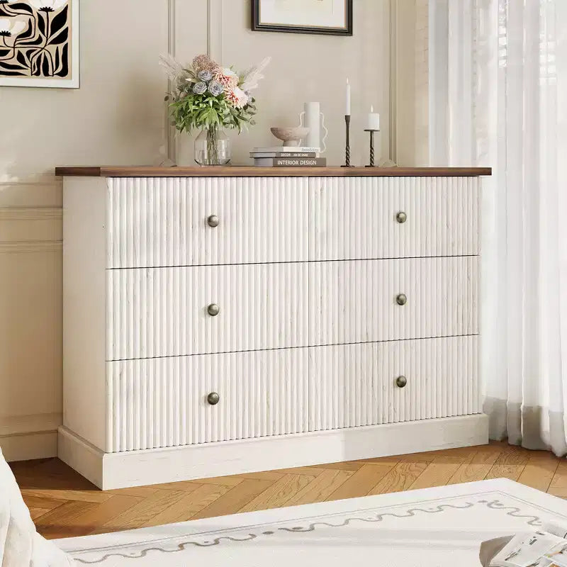 Commode à 6 tiroirs cannelés pour chambre à coucher, commode horizontale en bois avec poignées en métal, organiseur de rangement moderne pour chambre à coucher, salon