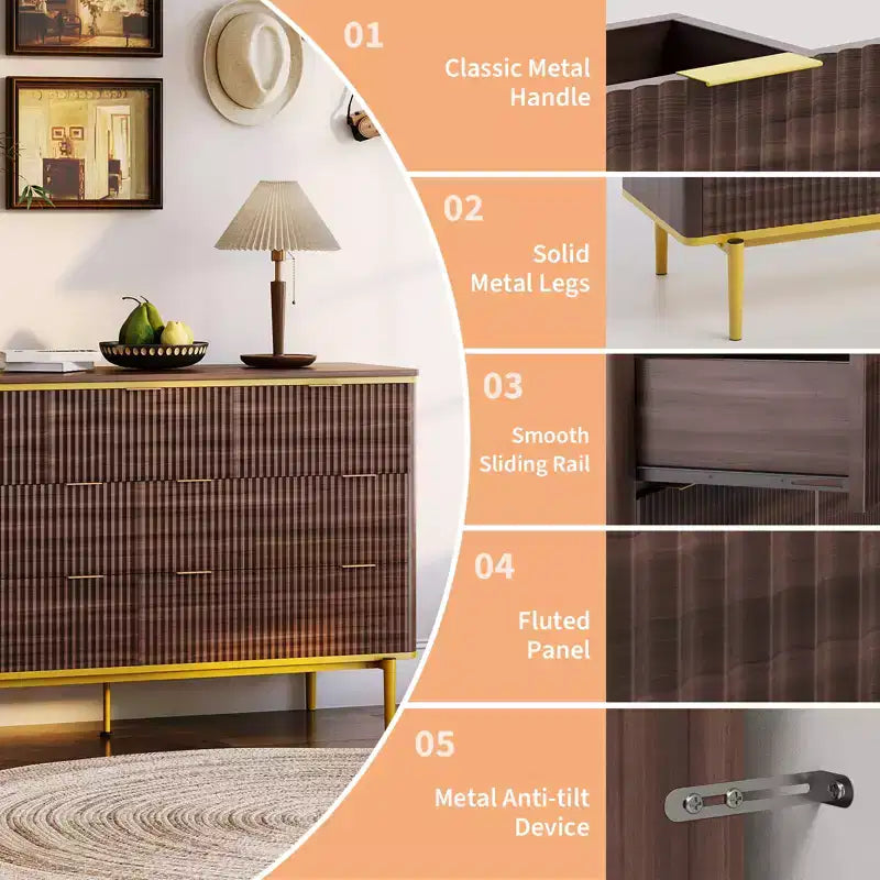 COZONY Commode cannelée 7 tiroirs, 137 cm de large, meuble de rangement moderne en bois avec design incurvé et poignées métalliques pour chambre à coucher ou salon
