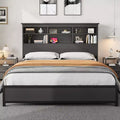Cadre de lit King Size avec tête de lit bibliothèque, lit plateforme King Size avec rangement à 2 niveaux et station de recharge, aucun sommier tapissier requis, facile à monter, Noir
