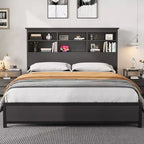 Cadre de lit King Size avec tête de lit bibliothèque, lit plateforme King Size avec rangement à 2 niveaux et station de recharge, aucun sommier tapissier requis, facile à monter, Noir