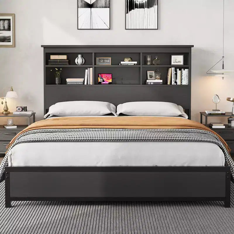 Cadre de lit King Size avec tête de lit bibliothèque, lit plateforme King Size avec rangement à 2 niveaux et station de recharge, aucun sommier tapissier requis, facile à monter, Noir