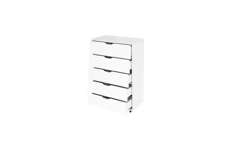 JVNOXK Meuble à cinq tiroirs de 76 cm avec 4 roulettes, meuble de rangement moderne avec poignées découpées, tiroirs à glissement fluide, blanc