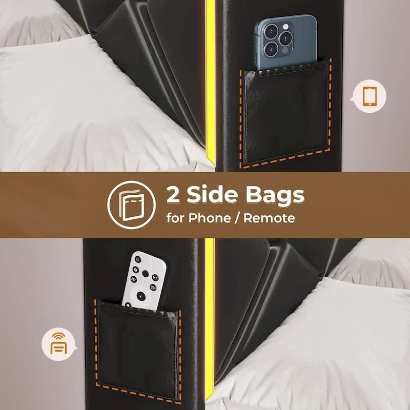 Cadre de lit avec lumières LED, tête de lit et station de charge USB-C/A, 4 tiroirs