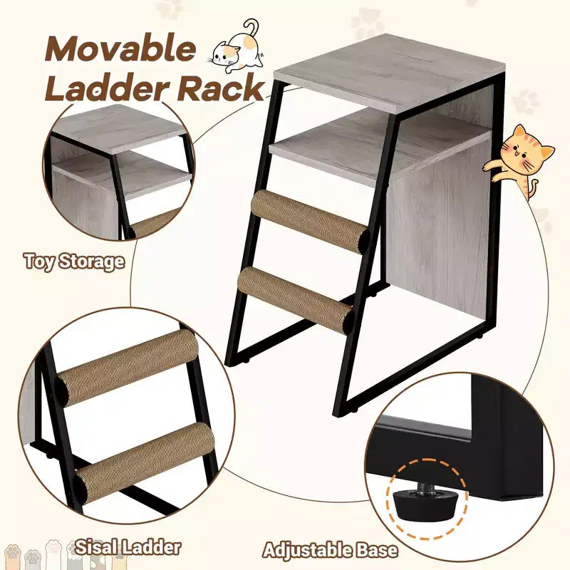 Meuble de litière pour chat GustomWave, armoire double cachée 2 en 1 avec bac à litière fermé et échelle, meuble pour chat en bois