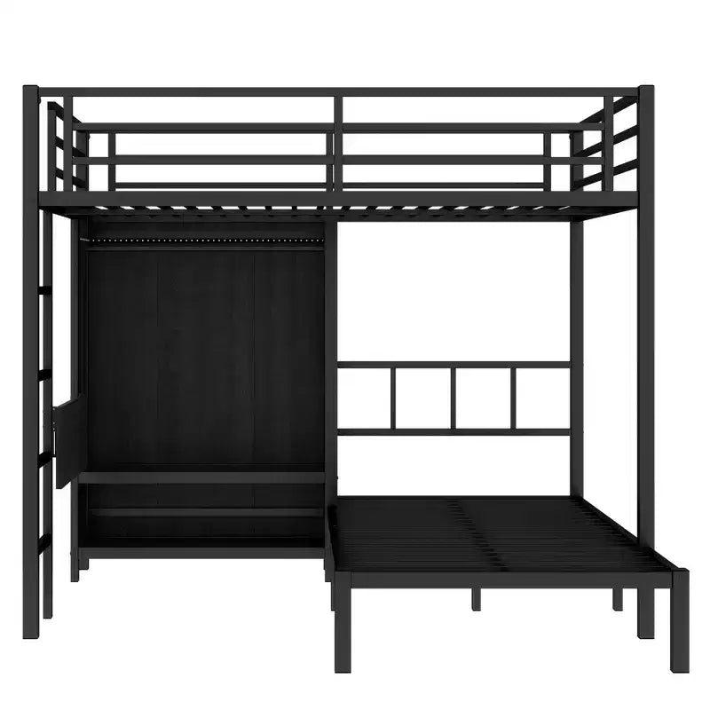 Bellemave – Lit superposé en métal Full XL sur jumeau avec bureau pliant, placard avec LED, peu encombrant/réduction du bruit, noir