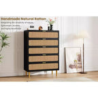 Commode à 5 tiroirs en rotin GustoWave pour chambre à coucher, commode haute avec tiroirs profonds, grande commode pour placard avec plateau large, longue commode en bois