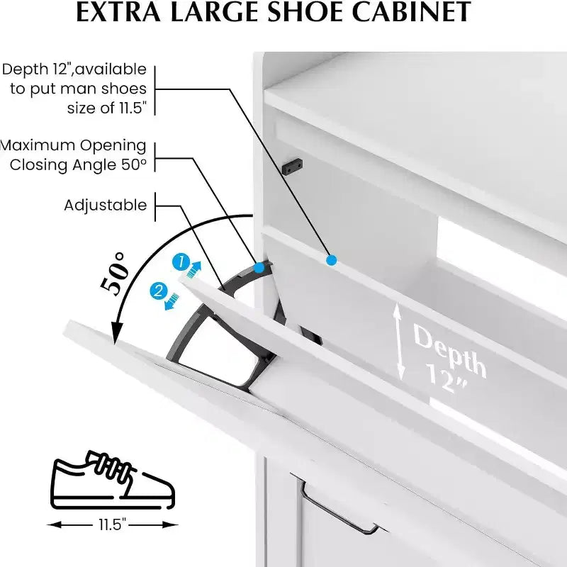 Meuble à chaussures Acekool avec 2 tiroirs basculants et rangement ouvert, pieds de support réglables, poignées métalliques, organisateur d'entrée