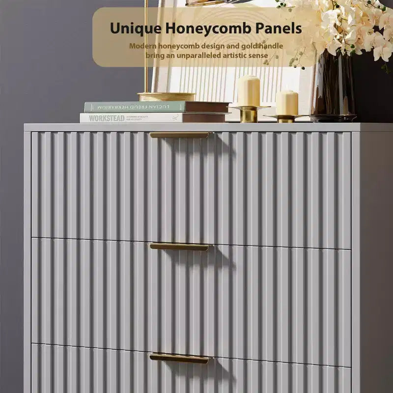 Commode moderne en bois de 122 cm de haut avec 5 tiroirs cannelés profonds et un large plateau pour chambre à coucher, salon, couloir, chambre d'enfant
