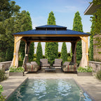 Tonnelle EROMMY à toit rigide, pergola extérieure avec double toit, moustiquaire et rideaux, auvent robuste pour patio, jardin, fête au bord de la piscine