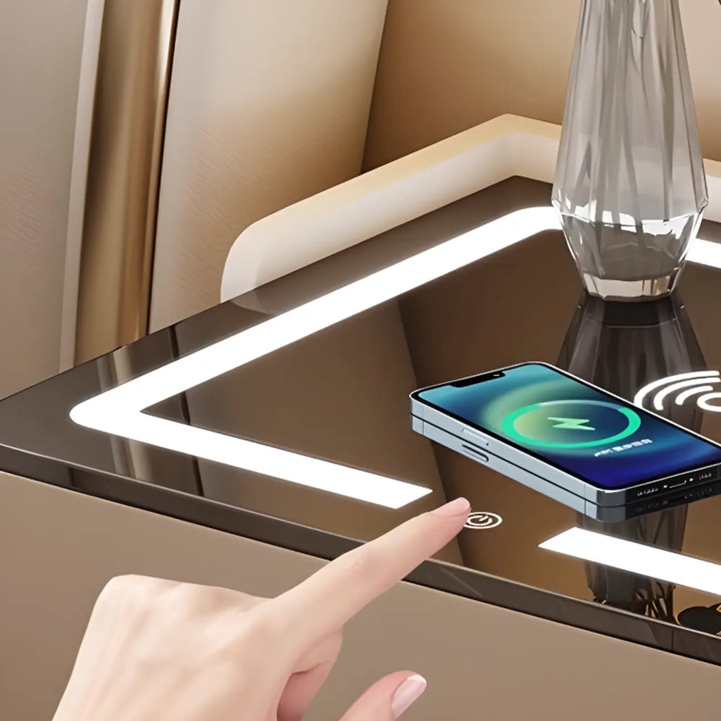 Table de chevet avec rangement à tiroirs, recharge sans fil et éclairage LED