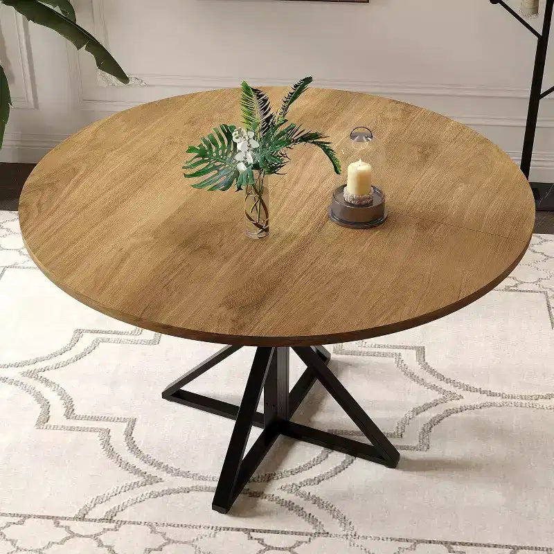 Table de salle à manger ronde de 120 cm pour 4 personnes, tables de cuisine en bois avec pied en métal et plateau en 4 parties, peu encombrante, table de dîner circulaire pour la maison