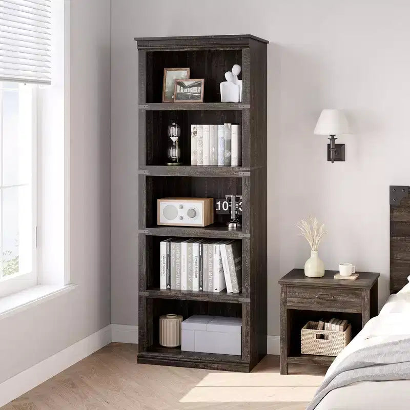 Bibliothèque à 5 niveaux Whizmax, étagère de style rustique avec rangements, étagères ouvertes pour bureau à domicile, salon, chambre à coucher