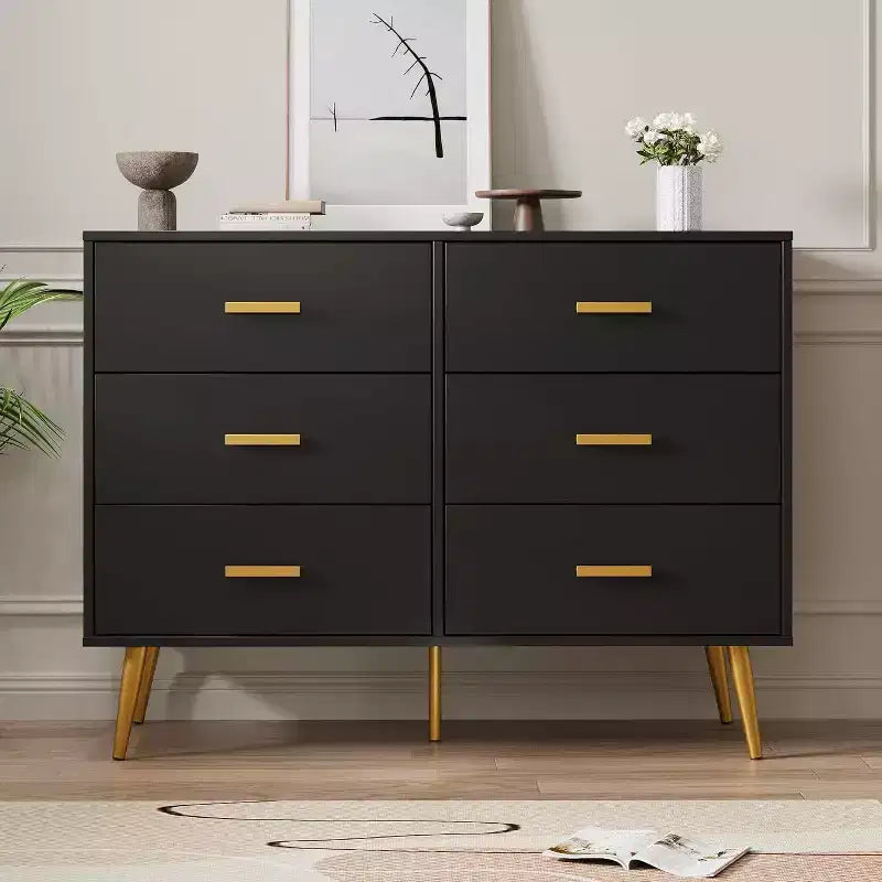 Commode moderne à 6 tiroirs avec espace de rangement, commode en bois avec poignées dorées, commode avec tiroirs profonds pour chambre à coucher, salon, bureau