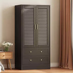 Armoire penderie à persiennes de 165 cm, Meuble de rangement en bois avec 2 portes et 2 tiroirs, Armoire de chambre avec tringle de suspension