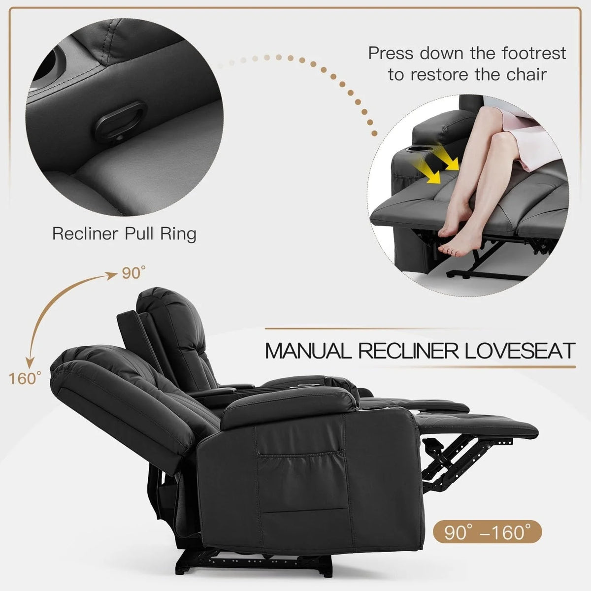Canapé inclinable manuel AECOJOY pour VR, siège de cinéma maison en PU avec console